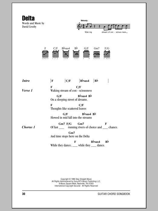 Crosby, Stills & Nash Delta sheet music, chords, lyrics - Printable PDF for Lyrics & Chords