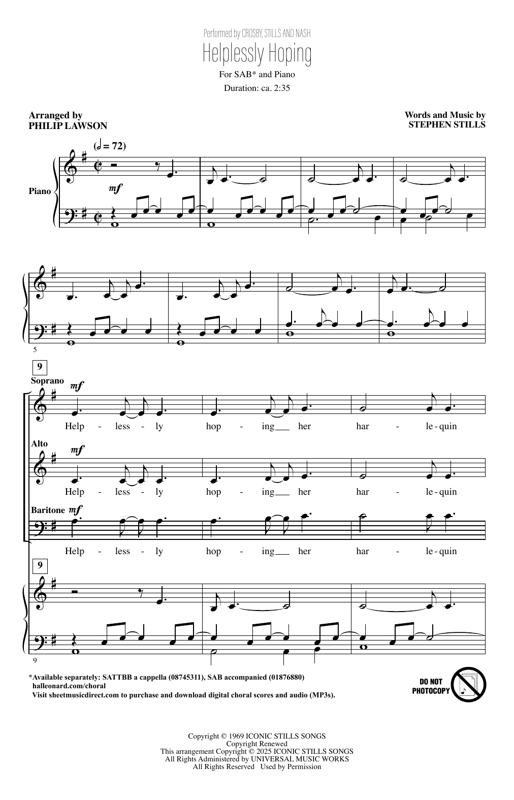 Crosby, Stills & Nash Helplessly Hoping (arr. Philip Lawson) sheet music, chords, lyrics - Printable PDF for SAB Choir