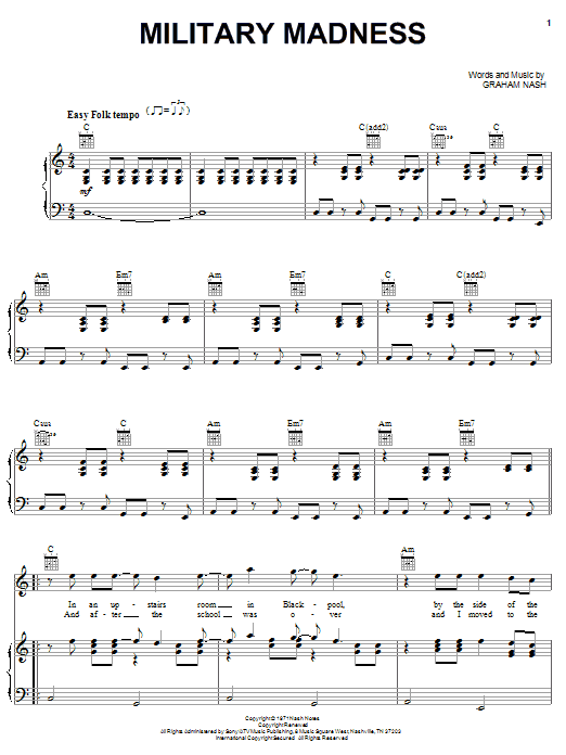 Crosby, Stills & Nash Military Madness sheet music, chords, lyrics - Printable PDF for Piano, Vocal & Guitar (Right-Hand Melody)
