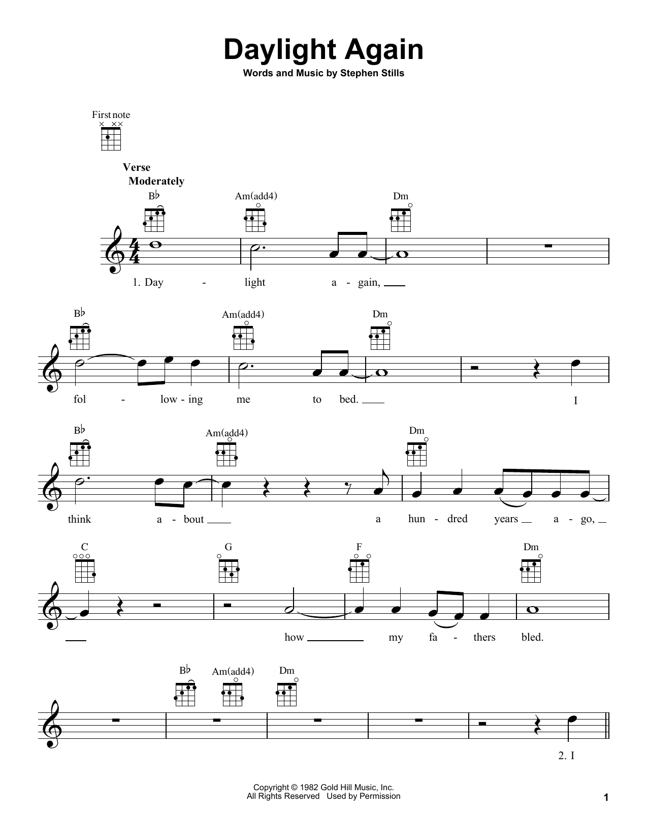 Crosby, Stills, Nash & Young Daylight Again sheet music, chords, lyrics - Printable PDF for Ukulele