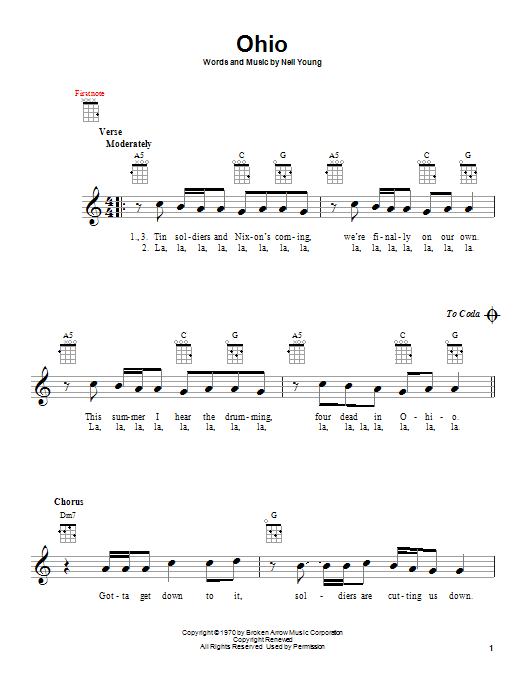 Crosby, Stills, Nash & Young Ohio sheet music, chords, lyrics - Printable PDF for Ukulele