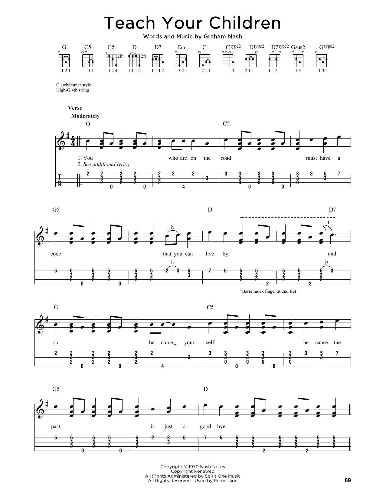 Crosby, Stills, Nash & Young Teach Your Children (arr. Jim Schustedt) sheet music, chords, lyrics - Printable PDF for Ukulele
