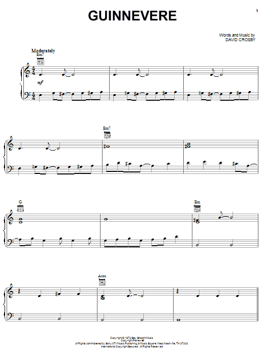 Crosby, Stills & Nash Guinnevere sheet music preview music notes and score for Piano, Vocal & Guitar (Right-Hand Melody) including 6 page(s)