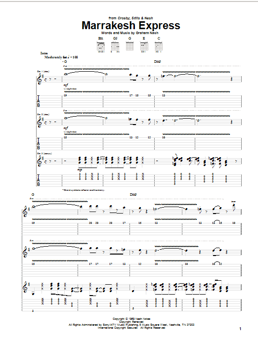 Crosby, Stills & Nash Marrakesh Express sheet music preview music notes and score for Piano, Vocal & Guitar (Right-Hand Melody) including 5 page(s)