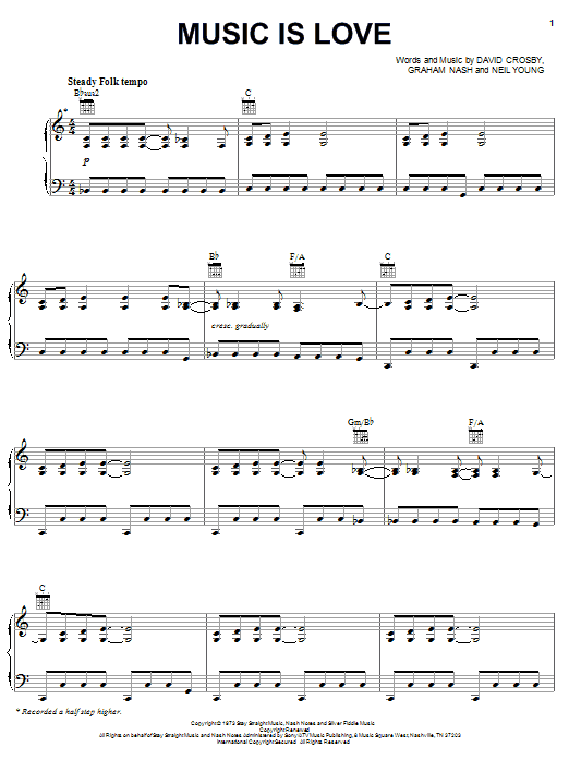 Crosby, Stills & Nash Music Is Love sheet music preview music notes and score for Piano, Vocal & Guitar (Right-Hand Melody) including 6 page(s)