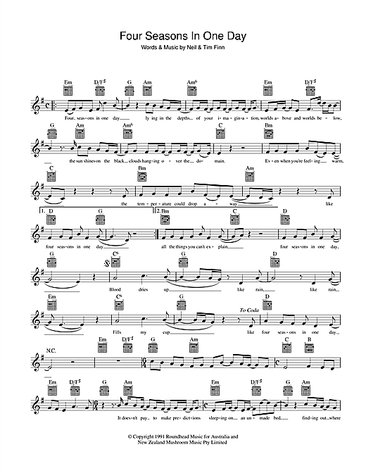Learn to play Crowded House Four Seasons In One Day sheet music for Melody Line, Lyrics & Chords in minutes. Crowded House Four Seasons In One Day sheet music preview music notes and score for Melody Line, Lyrics & Chords including 2 page(s)
