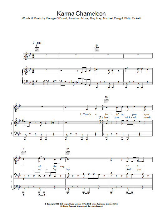 Learn to play Culture Club Karma Chameleon sheet music for Piano, Vocal & Guitar in minutes. Culture Club Karma Chameleon sheet music preview music notes and score for Piano, Vocal & Guitar including 5 page(s)