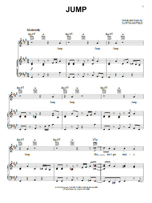 Learn to play Curtis Mayfield Jump sheet music for Piano, Vocal & Guitar (Right-Hand Melody) in minutes. Curtis Mayfield Jump sheet music preview music notes and score for Piano, Vocal & Guitar (Right-Hand Melody) including 7 page(s)