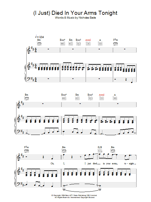 Cutting Crew (I Just) Died In Your Arms Tonight sheet music preview music notes and score for Piano, Vocal & Guitar including 7 page(s)