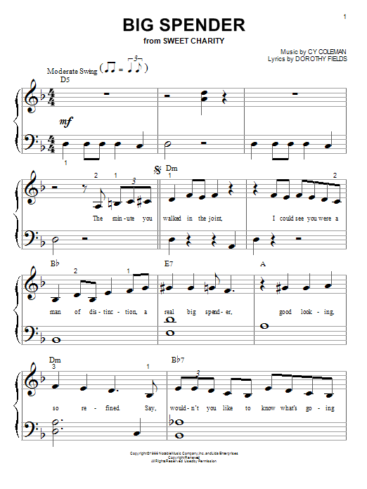 Learn to play Cy Coleman Big Spender sheet music for Easy Piano in minutes. Cy Coleman Big Spender sheet music preview music notes and score for Easy Piano including 4 page(s)