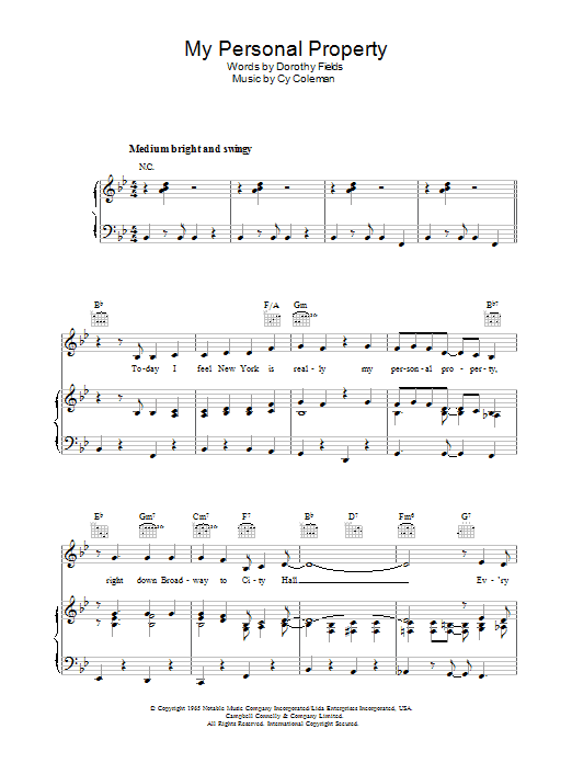 Learn to play Cy Coleman My Personal Property sheet music for Piano, Vocal & Guitar (Right-Hand Melody) in minutes. Cy Coleman My Personal Property sheet music preview music notes and score for Piano, Vocal & Guitar (Right-Hand Melody) including 4 page(s)