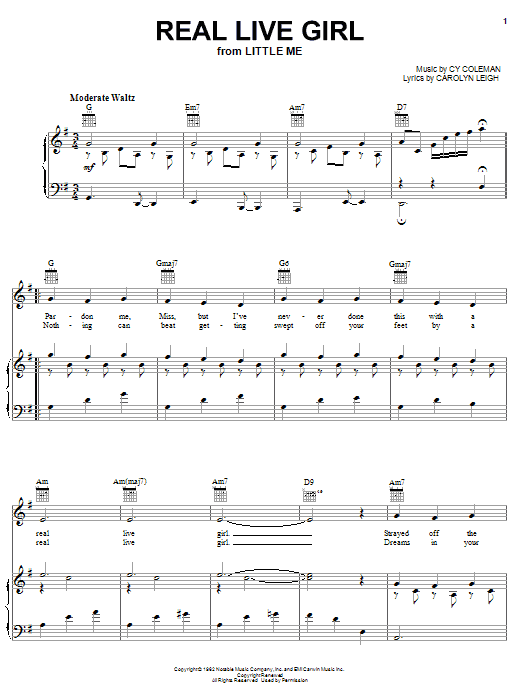 Learn to play Cy Coleman Real Live Girl sheet music for Piano, Vocal & Guitar (Right-Hand Melody) in minutes. Cy Coleman Real Live Girl sheet music preview music notes and score for Piano, Vocal & Guitar (Right-Hand Melody) including 3 page(s)