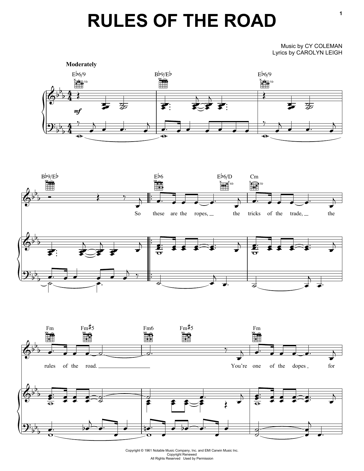 Learn to play Cy Coleman Rules Of The Road sheet music for Piano, Vocal & Guitar (Right-Hand Melody) in minutes. Cy Coleman Rules Of The Road sheet music preview music notes and score for Piano, Vocal & Guitar (Right-Hand Melody) including 5 page(s)