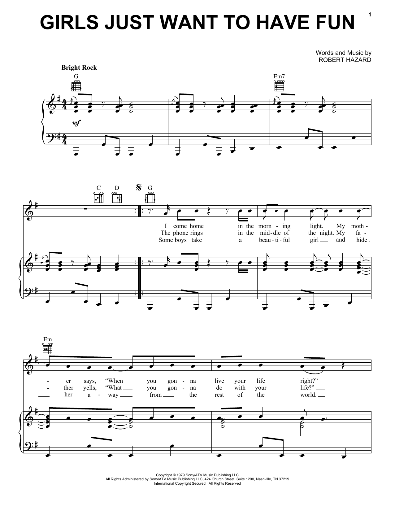 Download Cyndi Lauper Girls Just Want To Have Fun sheet music notes and chords for Piano, Vocal & Guitar (Right-Hand Melody) - Download Printable PDF and start playing in minutes.