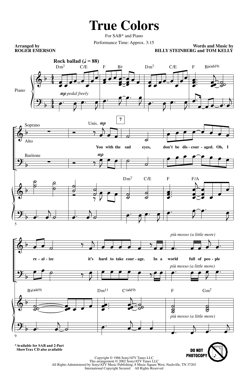 Cyndi Lauper True Colors (arr. Roger Emerson) sheet music, chords, lyrics - Printable PDF for SAB Choir