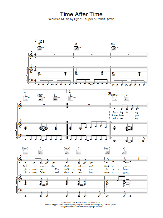Learn to play Cyndi Lauper Time After Time sheet music for Piano, Vocal & Guitar in minutes. Cyndi Lauper Time After Time sheet music preview music notes and score for Piano, Vocal & Guitar including 6 page(s)