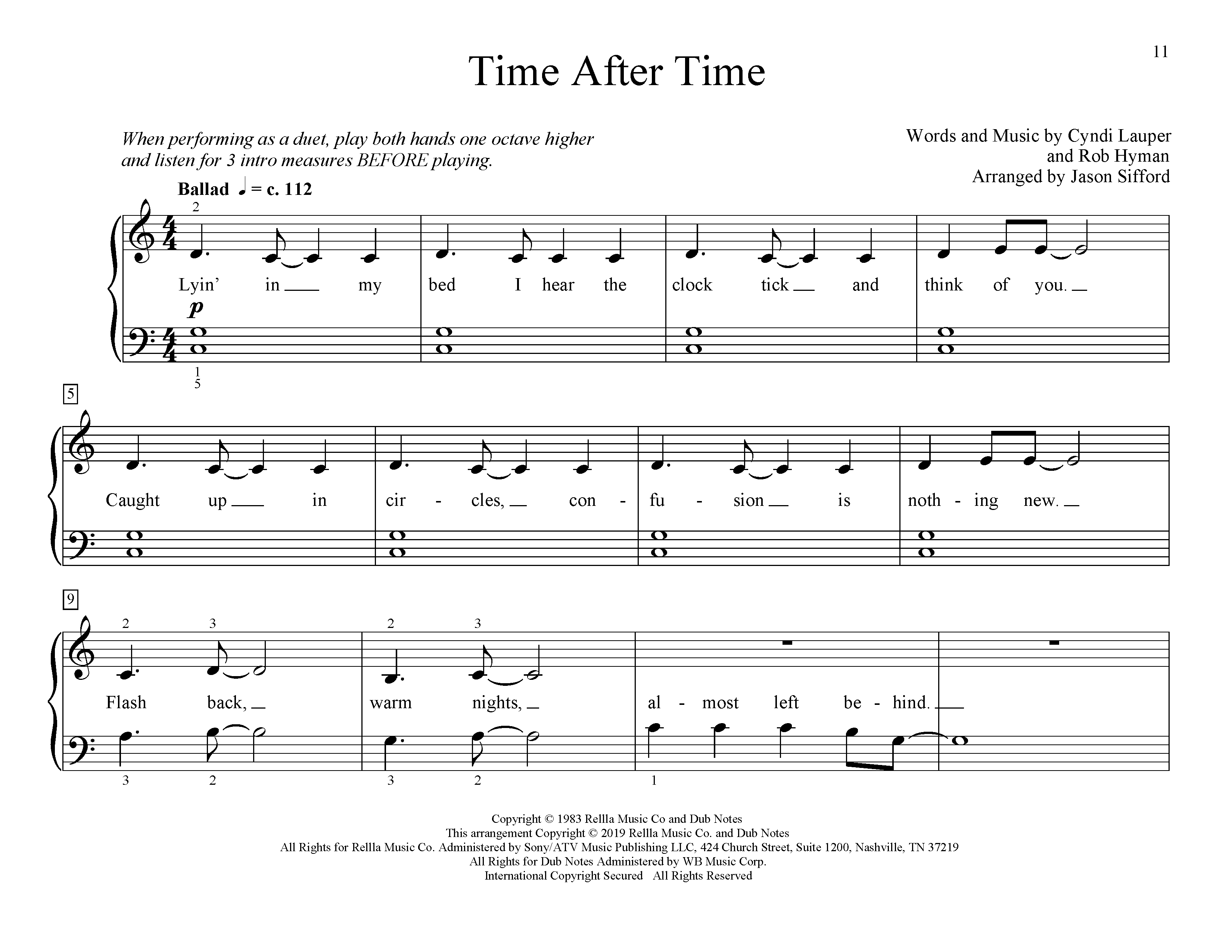 Learn to play Cyndi Lauper Time After Time (arr. Jason Sifford) sheet music for Educational Piano in minutes. Cyndi Lauper Time After Time (arr. Jason Sifford) sheet music preview music notes and score for Educational Piano including 4 page(s)