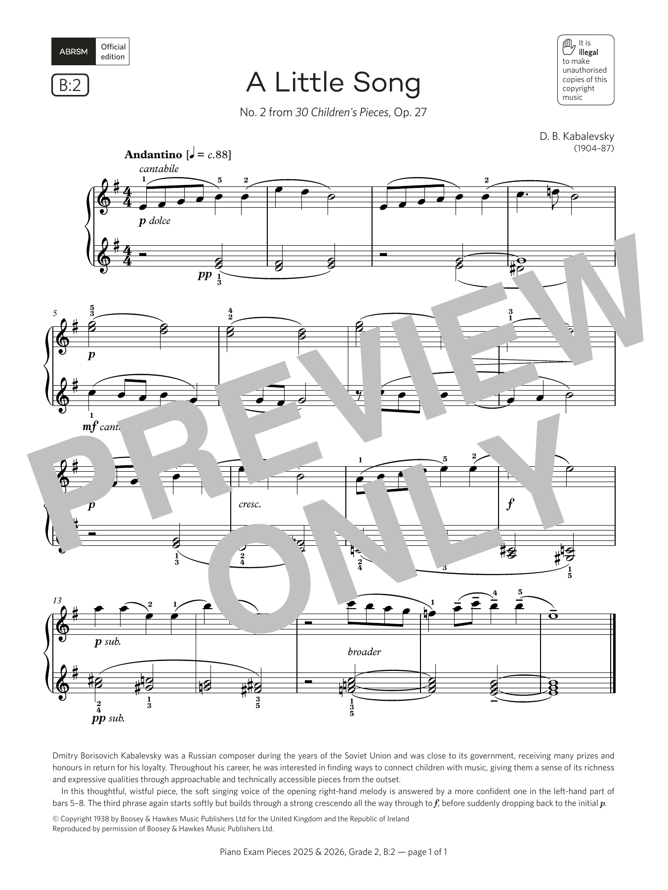 D. B. Kabalevsky A Little Song (Grade 2, list B2, from the ABRSM Piano Syllabus 2025 & 2026) sheet music, chords, lyrics - Printable PDF for Piano Solo