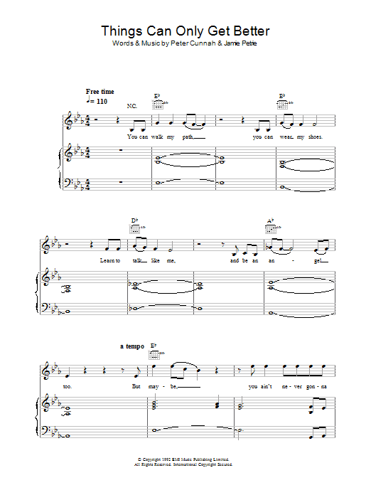 D Ream: Things Can Only Get Better sheet music preview music notes and score for Piano, Vocal & Guitar including 7 page(s)