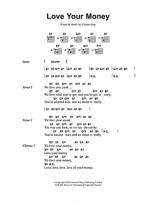 Daisy Chainsaw Love Your Money sheet music, chords, lyrics - Printable PDF for Lyrics & Chords