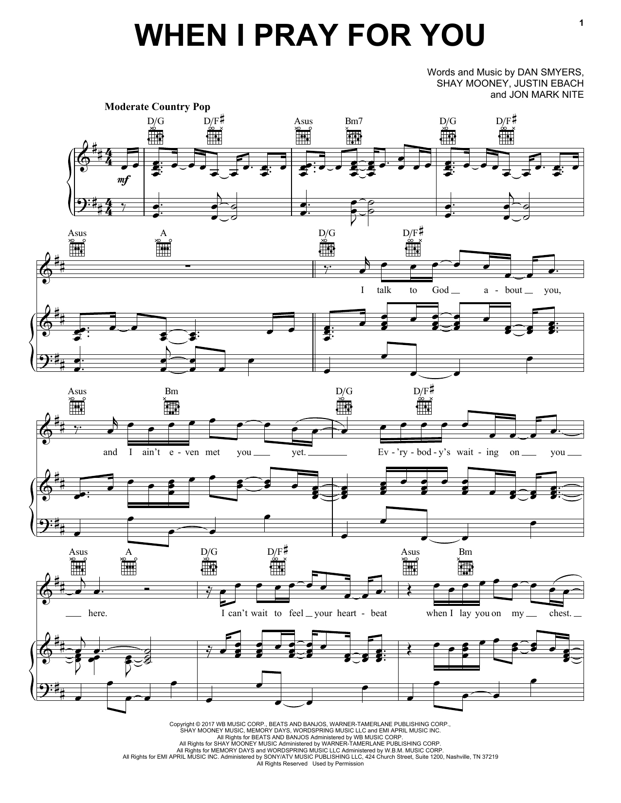 Dan + Shay When I Pray For You sheet music, chords, lyrics - Printable PDF for Piano, Vocal & Guitar (Right-Hand Melody)