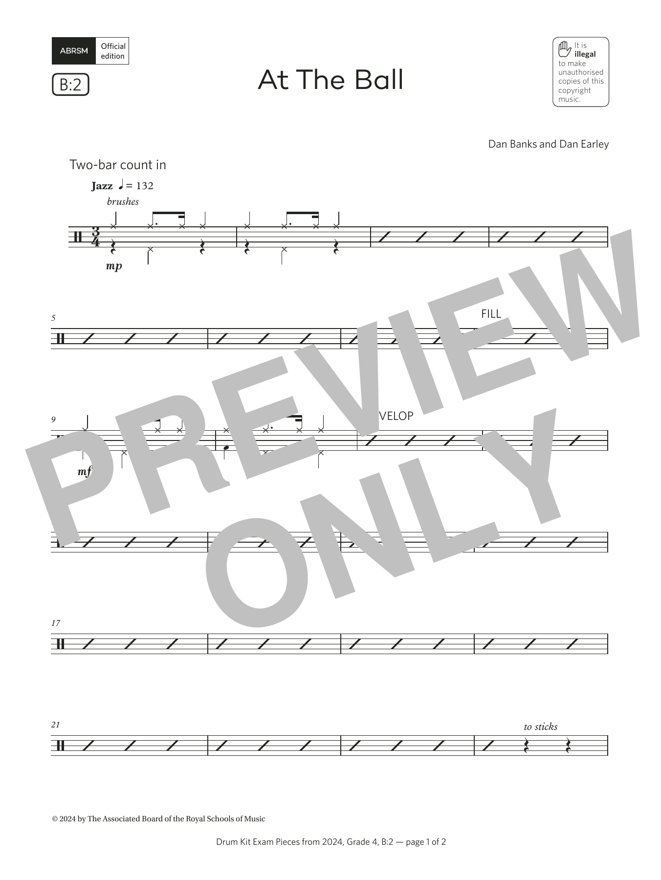 Dan Banks and Dan Earley At The Ball (Grade 4, list B2, from the ABRSM Drum Kit Syllabus 2024) sheet music, chords, lyrics - Printable PDF for Drums