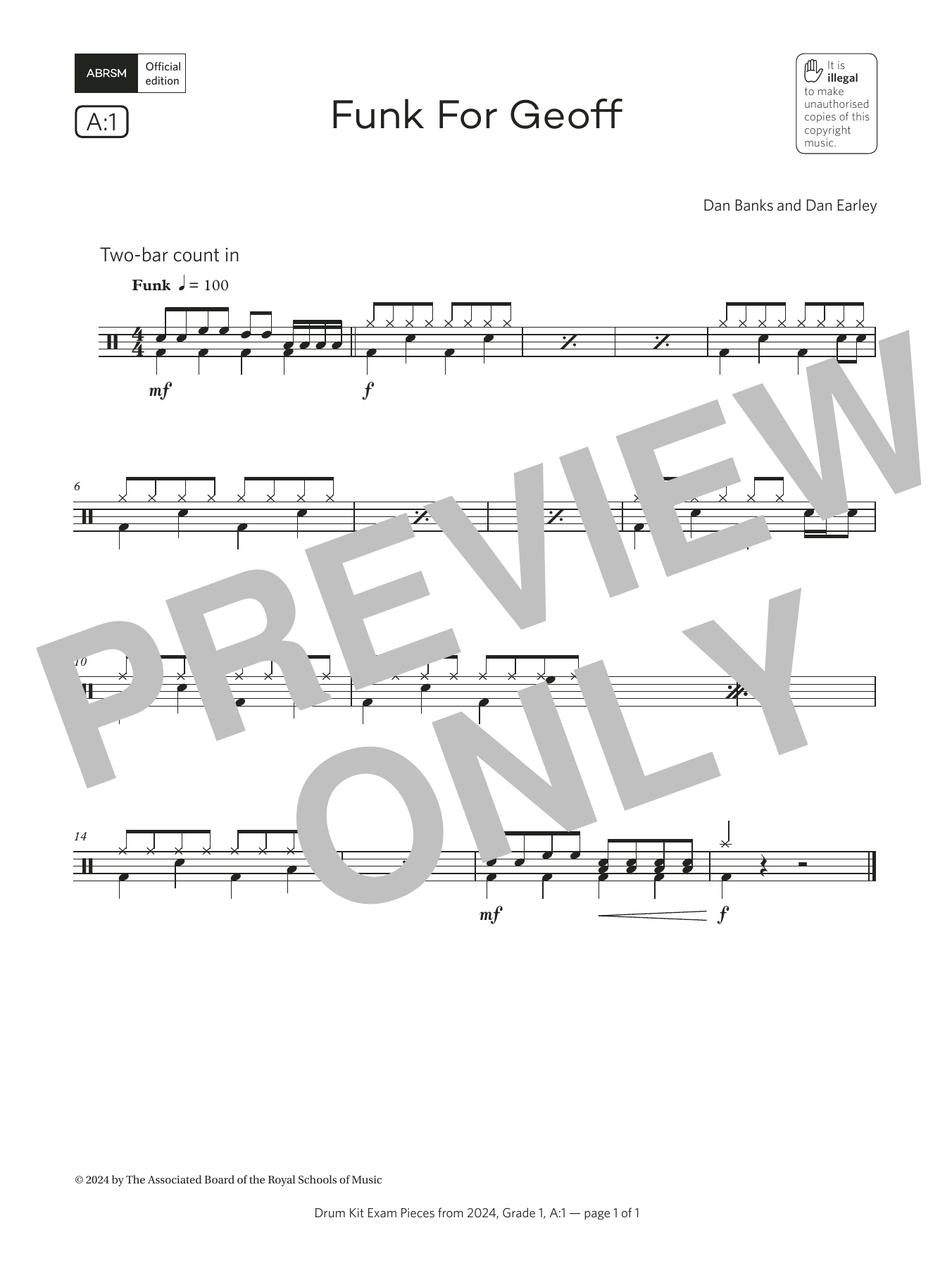 Dan Banks and Dan Earley Funk for Geoff (Grade 1, list A1, from the ABRSM Drum Kit Syllabus 2024) sheet music, chords, lyrics - Printable PDF for Drums