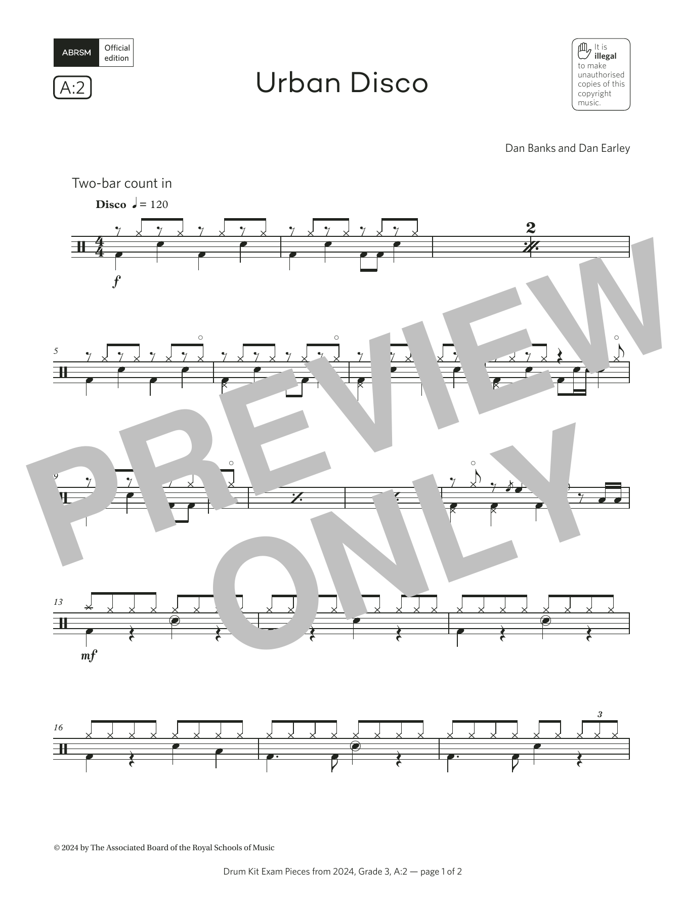 Dan Banks and Dan Earley Urban Disco (Grade 3, list A2, from the ABRSM Drum Kit Syllabus 2024) sheet music, chords, lyrics - Printable PDF for Drums
