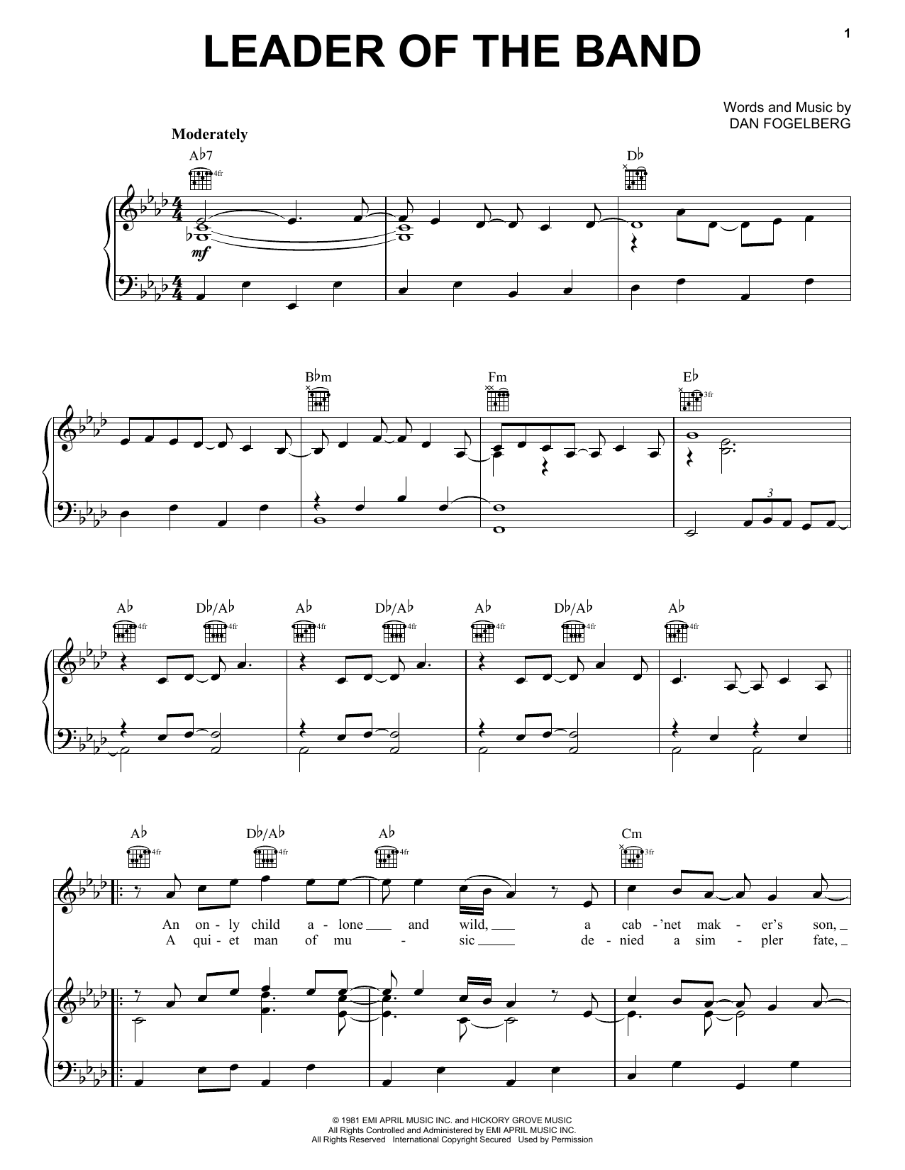 Download Dan Fogelberg Leader Of The Band sheet music notes and chords for Piano, Vocal & Guitar (Right-Hand Melody) - Download Printable PDF and start playing in minutes.