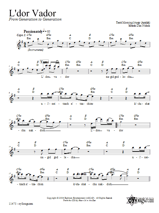 Dan Nichols L'dor Vador sheet music, chords, lyrics - Printable PDF for Melody Line, Lyrics & Chords