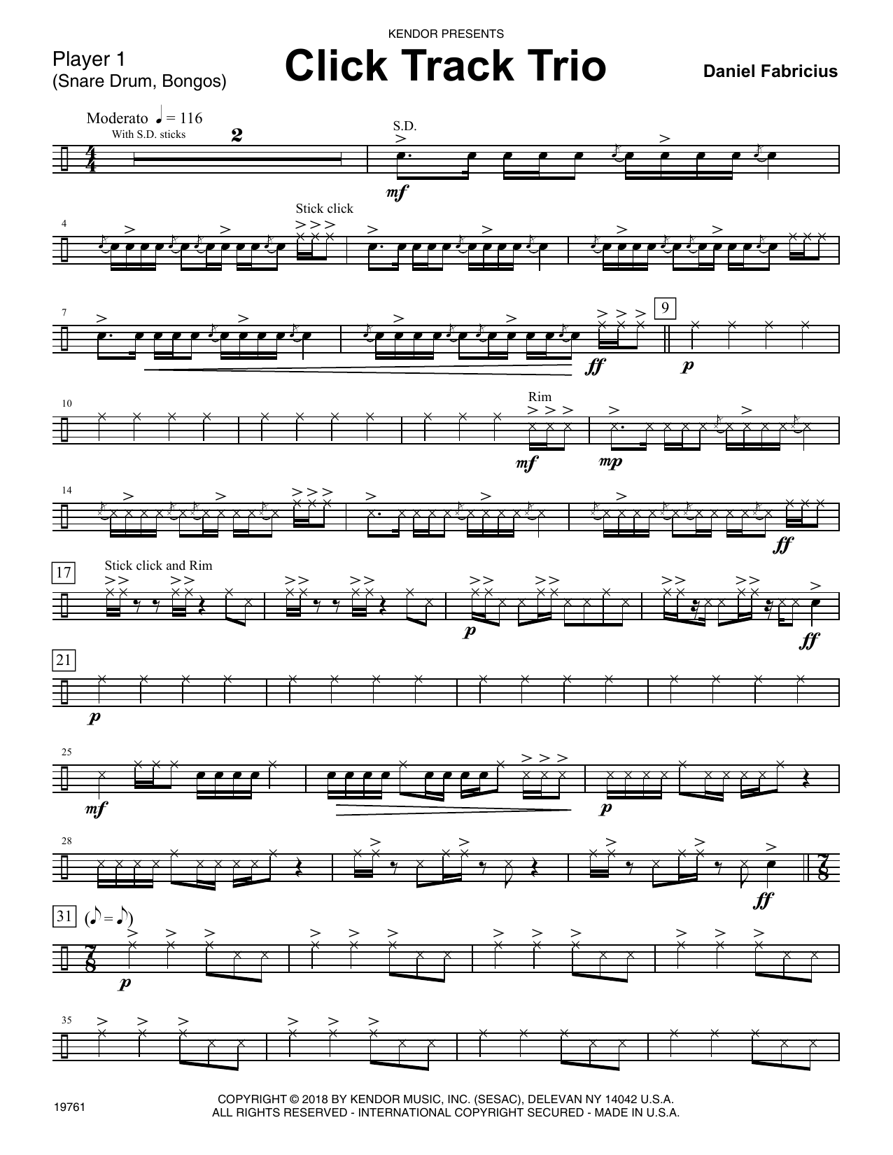 Learn to play Dan Fabricius Click Track Trio - Percussion 1 sheet music for Percussion Ensemble in minutes. Dan Fabricius Click Track Trio - Percussion 1 sheet music preview music notes and score for Percussion Ensemble including 2 page(s)