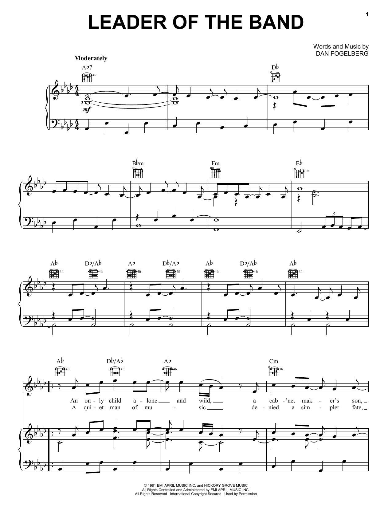 Learn to play Dan Fogelberg Leader Of The Band sheet music for Piano, Vocal & Guitar (Right-Hand Melody) in minutes. Dan Fogelberg Leader Of The Band sheet music preview music notes and score for Piano, Vocal & Guitar (Right-Hand Melody) including 8 page(s)