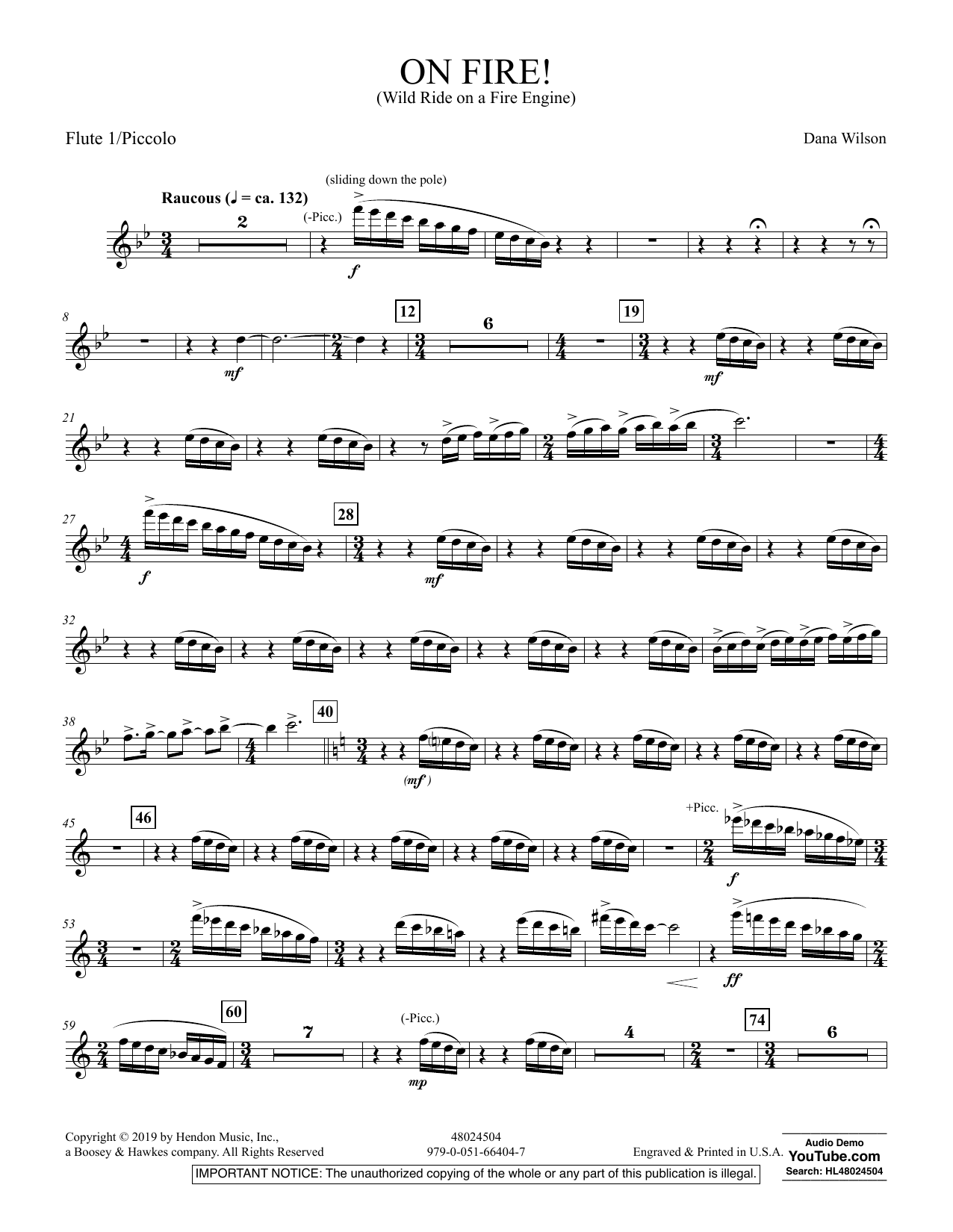 Dana Wilson On Fire! (Wild Ride on a Fire Engine) - Flute 1 (Piccolo) sheet music preview music notes and score for Concert Band including 2 page(s)