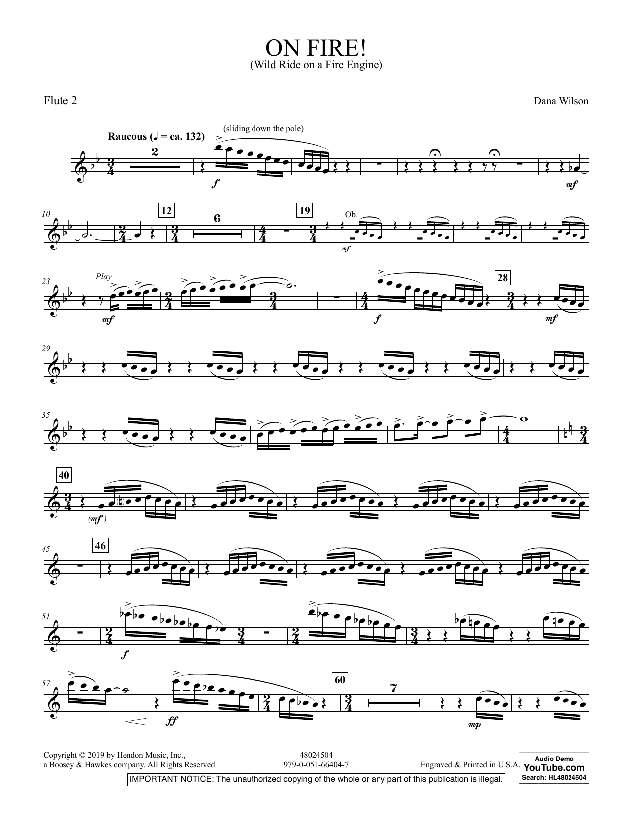 Learn to play Dana Wilson On Fire! (Wild Ride on a Fire Engine) - Flute 2 sheet music for Concert Band in minutes. Dana Wilson On Fire! (Wild Ride on a Fire Engine) - Flute 2 sheet music preview music notes and score for Concert Band including 2 page(s)