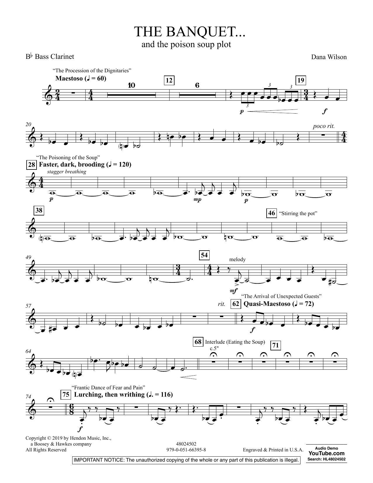 Learn to play Dana Wilson The Banquet...and the poison soup plot - Bb Bass Clarinet sheet music for Concert Band in minutes. Dana Wilson The Banquet...and the poison soup plot - Bb Bass Clarinet sheet music preview music notes and score for Concert Band including 2 page(s)