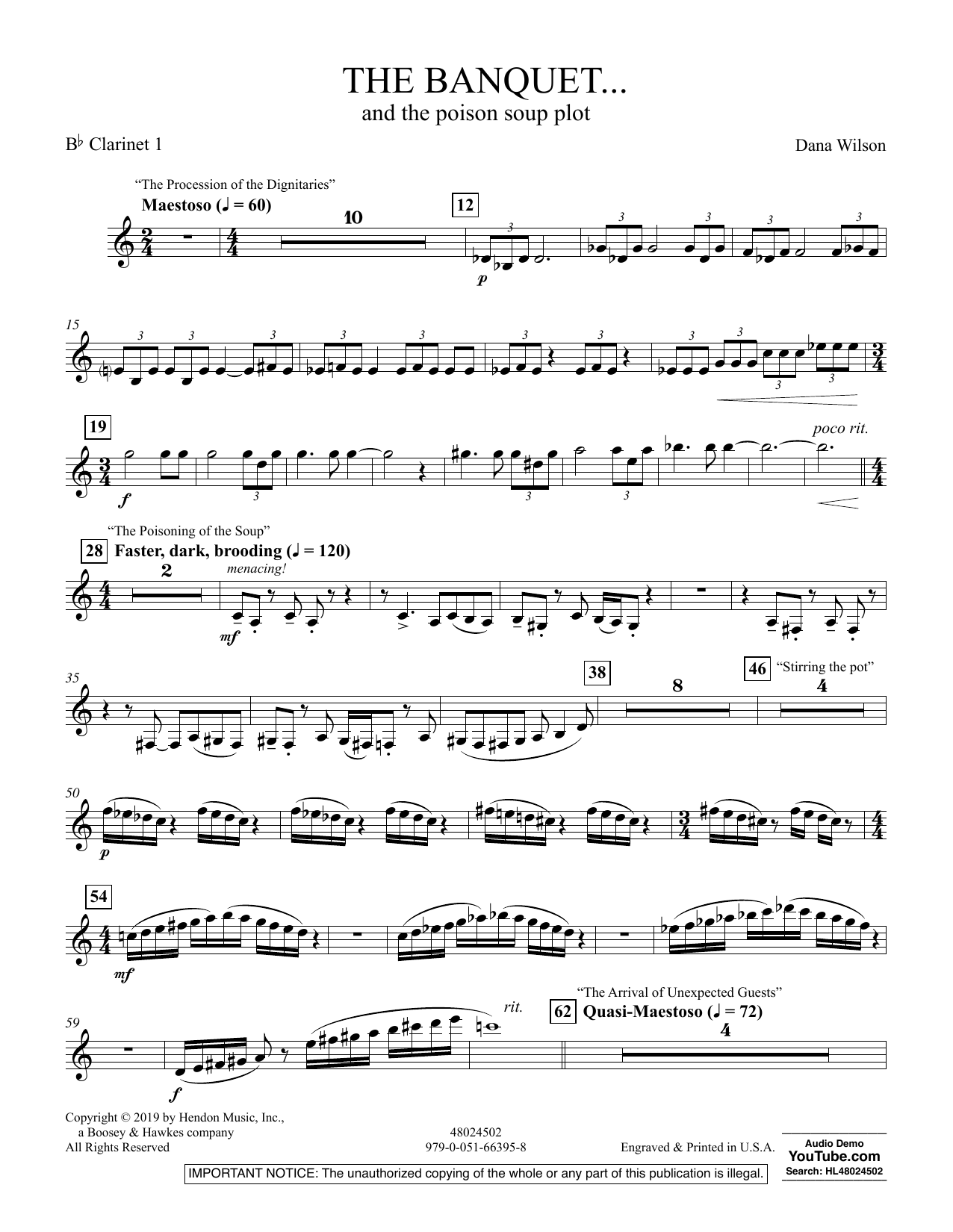 Dana Wilson The Banquet...and the poison soup plot - Bb Clarinet 1 sheet music preview music notes and score for Concert Band including 3 page(s)