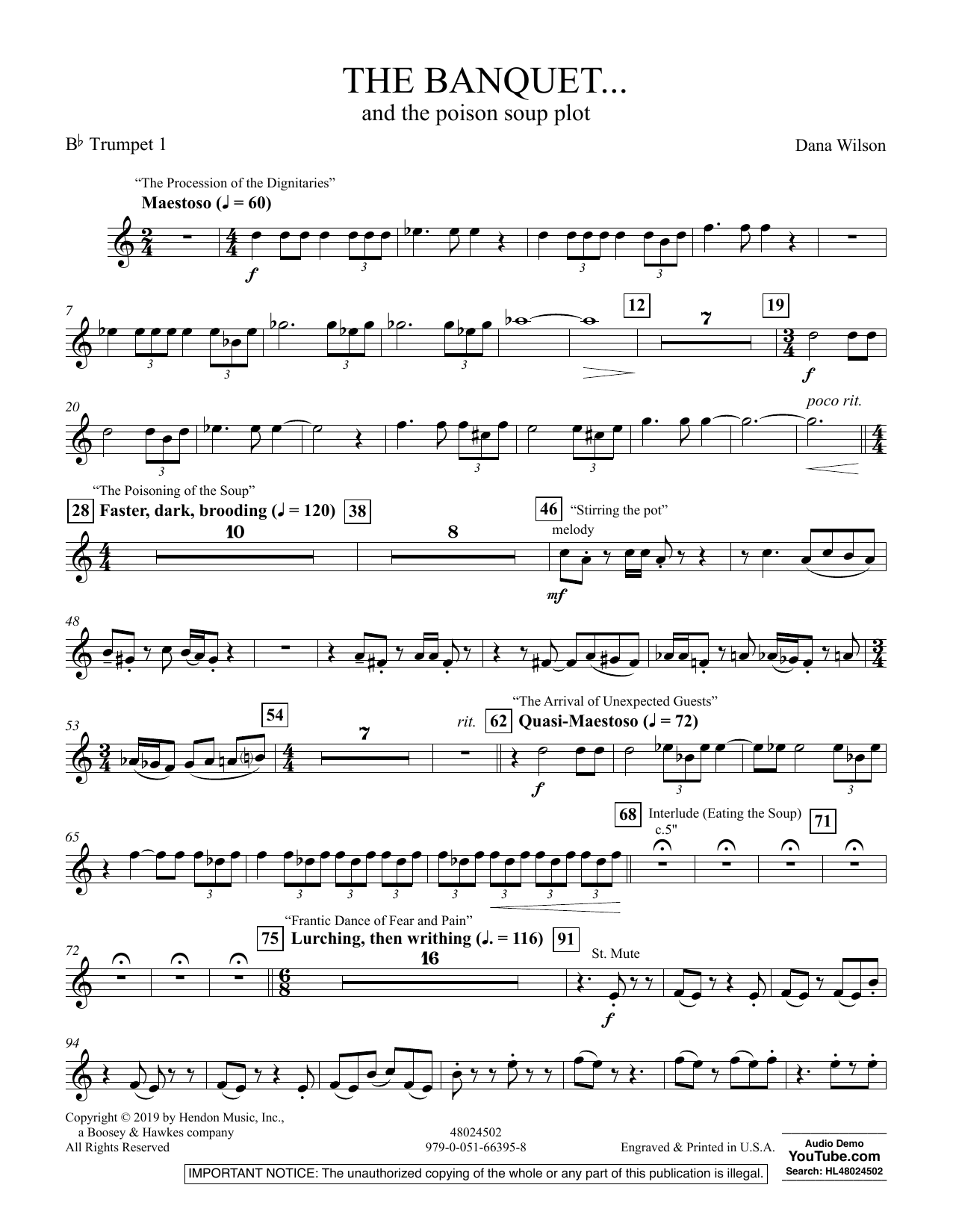 Learn to play Dana Wilson The Banquet...and the poison soup plot - Bb Trumpet 1 sheet music for Concert Band in minutes. Dana Wilson The Banquet...and the poison soup plot - Bb Trumpet 1 sheet music preview music notes and score for Concert Band including 2 page(s)