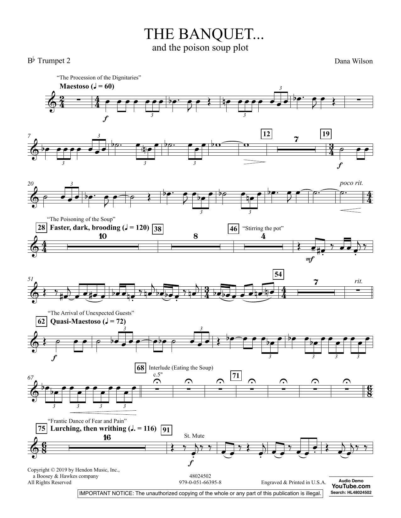 Learn to play Dana Wilson The Banquet...and the poison soup plot - Bb Trumpet 2 sheet music for Concert Band in minutes. Dana Wilson The Banquet...and the poison soup plot - Bb Trumpet 2 sheet music preview music notes and score for Concert Band including 2 page(s)