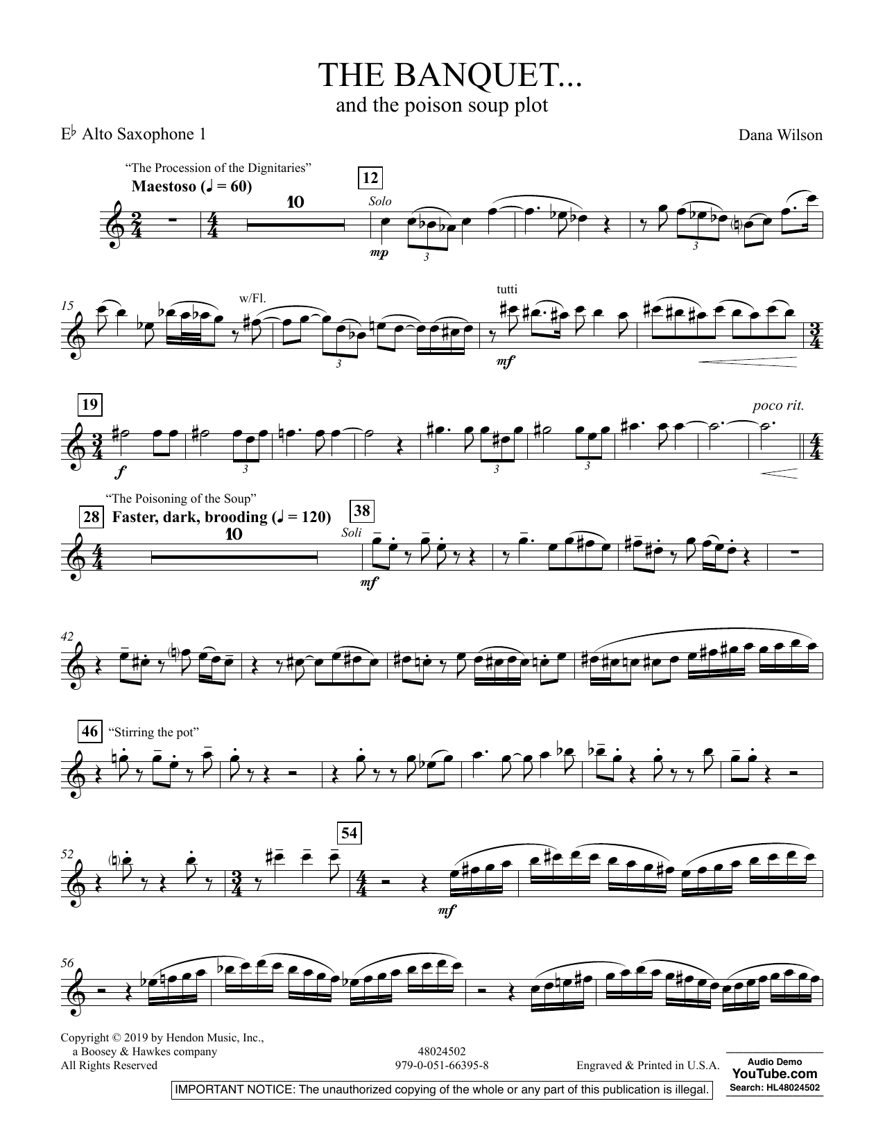 Dana Wilson The Banquet...and the poison soup plot - Eb Alto Saxophone 1 sheet music preview music notes and score for Concert Band including 3 page(s)