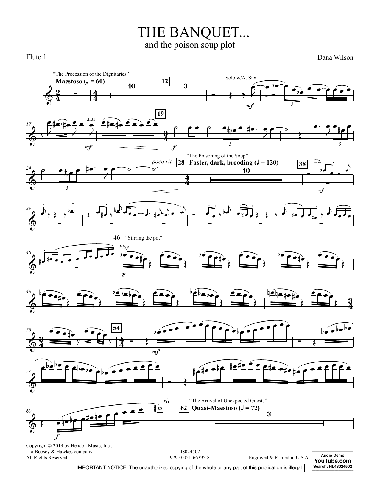Learn to play Dana Wilson The Banquet...and the poison soup plot - Flute 1 sheet music for Concert Band in minutes. Dana Wilson The Banquet...and the poison soup plot - Flute 1 sheet music preview music notes and score for Concert Band including 3 page(s)