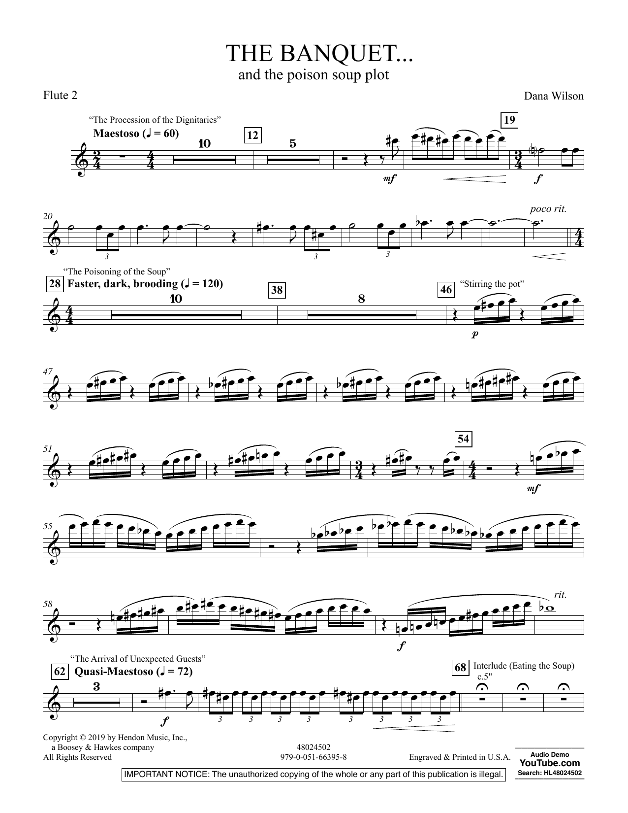 Learn to play Dana Wilson The Banquet...and the poison soup plot - Flute 2 sheet music for Concert Band in minutes. Dana Wilson The Banquet...and the poison soup plot - Flute 2 sheet music preview music notes and score for Concert Band including 3 page(s)
