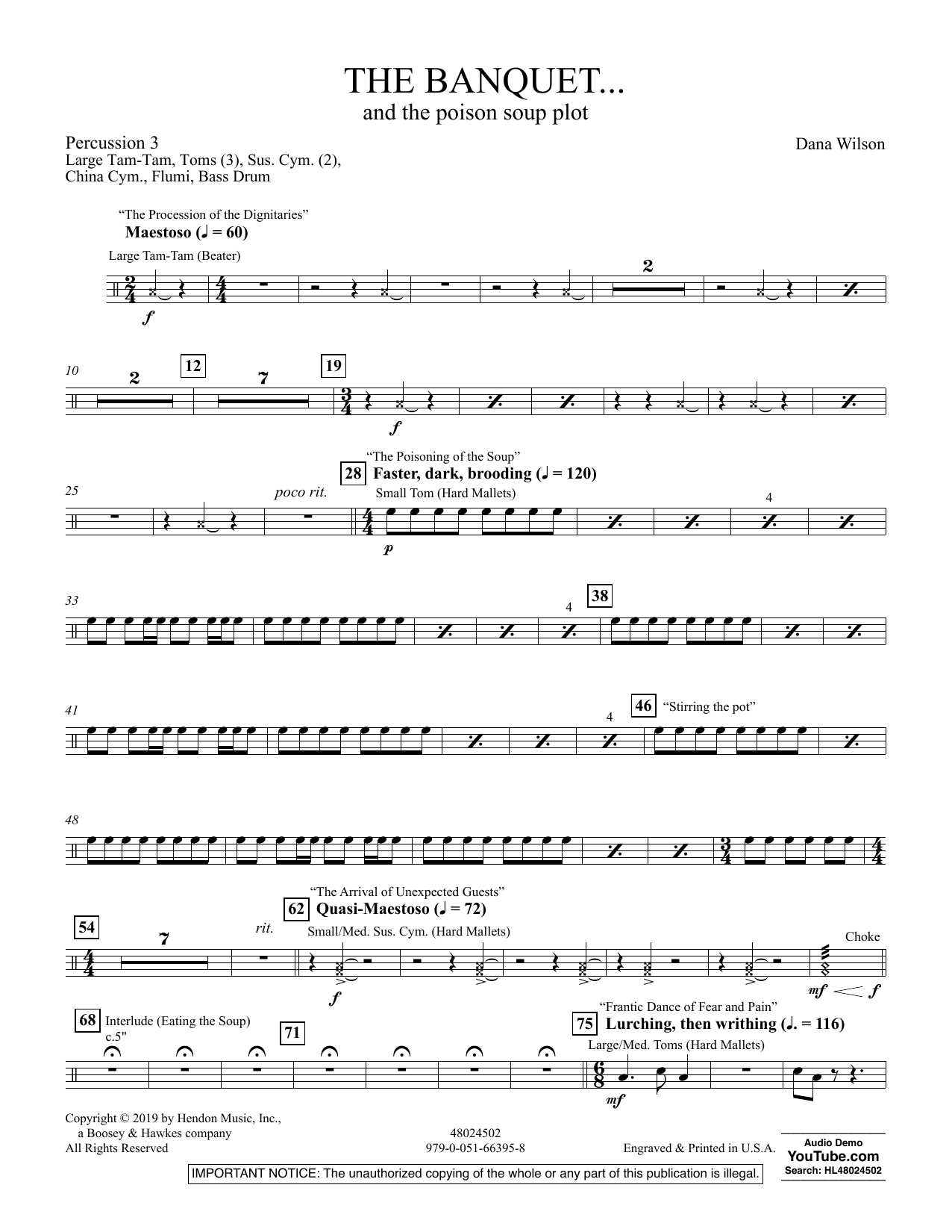Learn to play Dana Wilson The Banquet...and the poison soup plot - Percussion 3 sheet music for Concert Band in minutes. Dana Wilson The Banquet...and the poison soup plot - Percussion 3 sheet music preview music notes and score for Concert Band including 2 page(s)