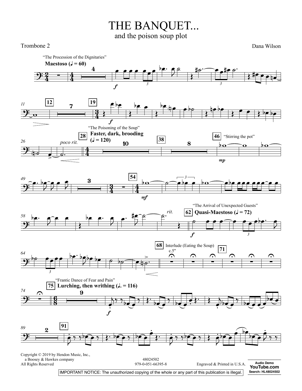 Dana Wilson The Banquet...and the poison soup plot - Trombone 2 sheet music preview music notes and score for Concert Band including 2 page(s)