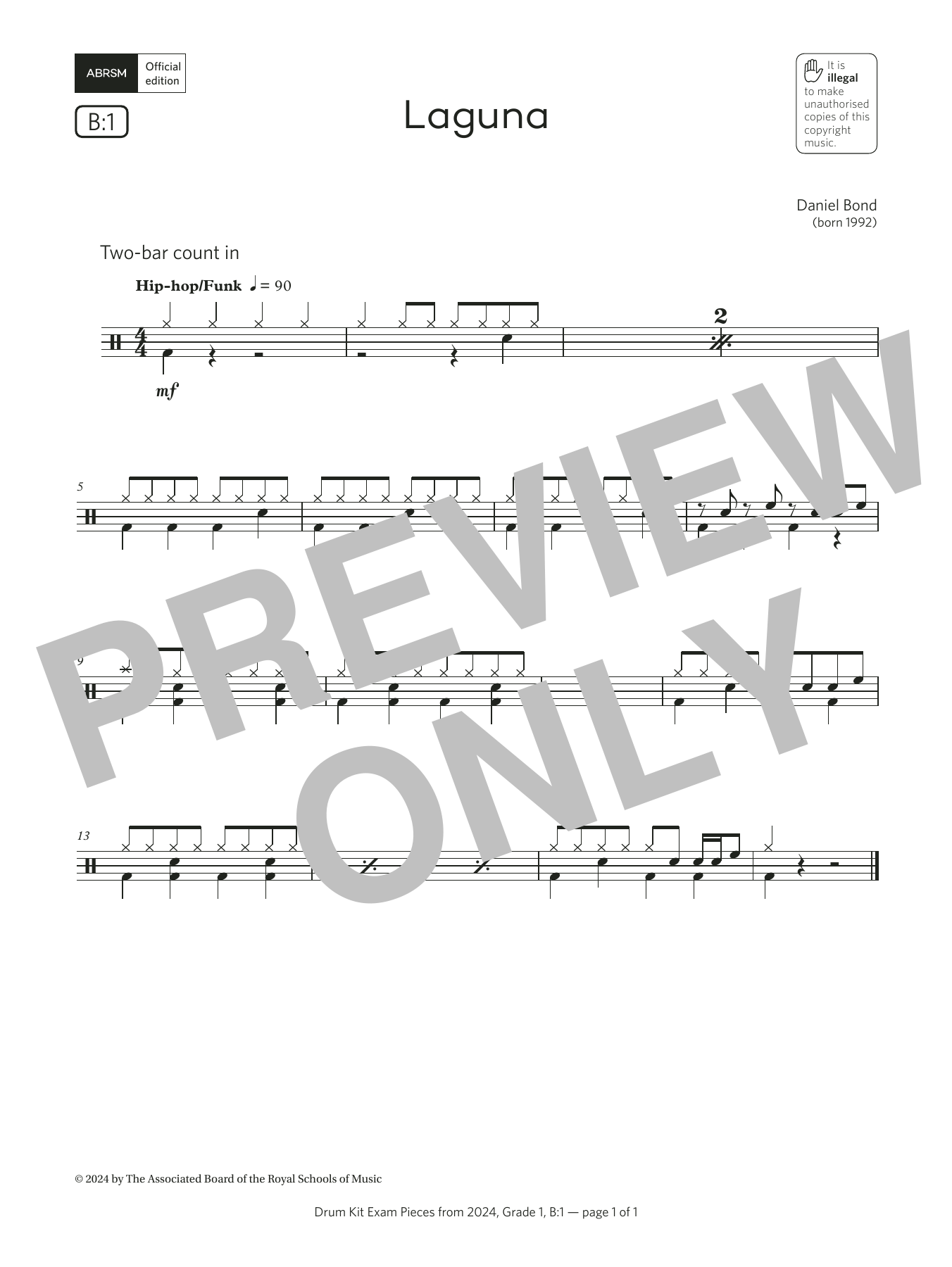 Daniel Bond Laguna (Grade 1, list B1, from the ABRSM Drum Kit Syllabus 2024) sheet music, chords, lyrics - Printable PDF for Drums
