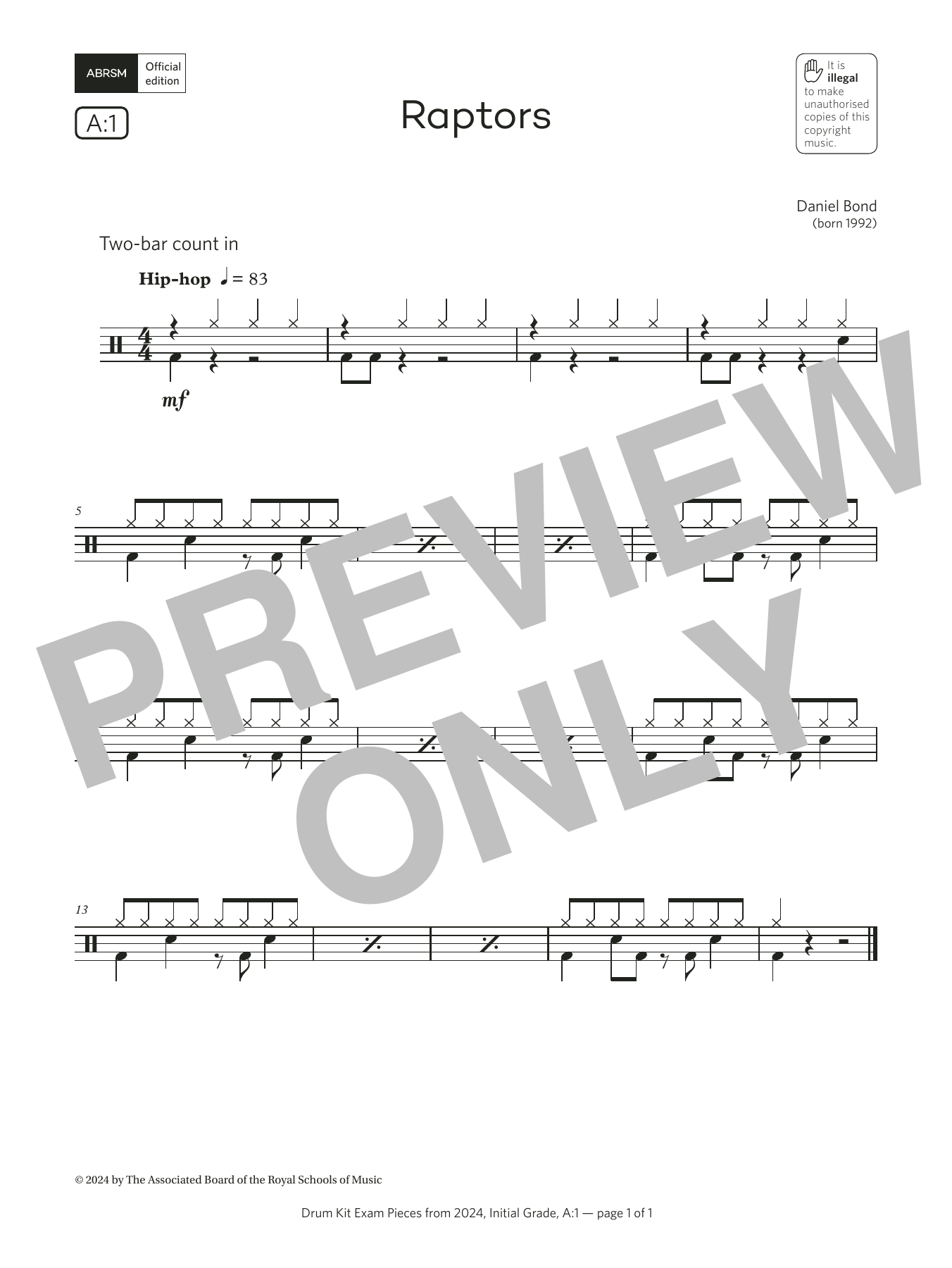 Daniel Bond Raptors (Grade Initial, list A1, from the ABRSM Drum Kit Syllabus 2024) sheet music, chords, lyrics - Printable PDF for Drums