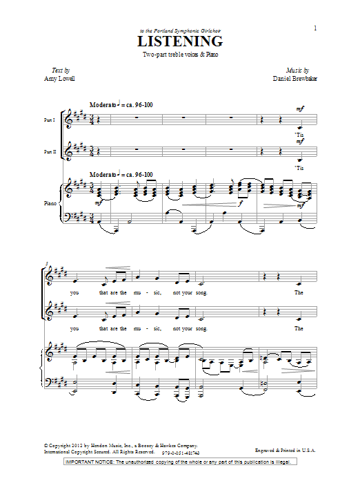 Daniel Brewbaker Listening sheet music, chords, lyrics - Printable PDF for 2-Part Choir