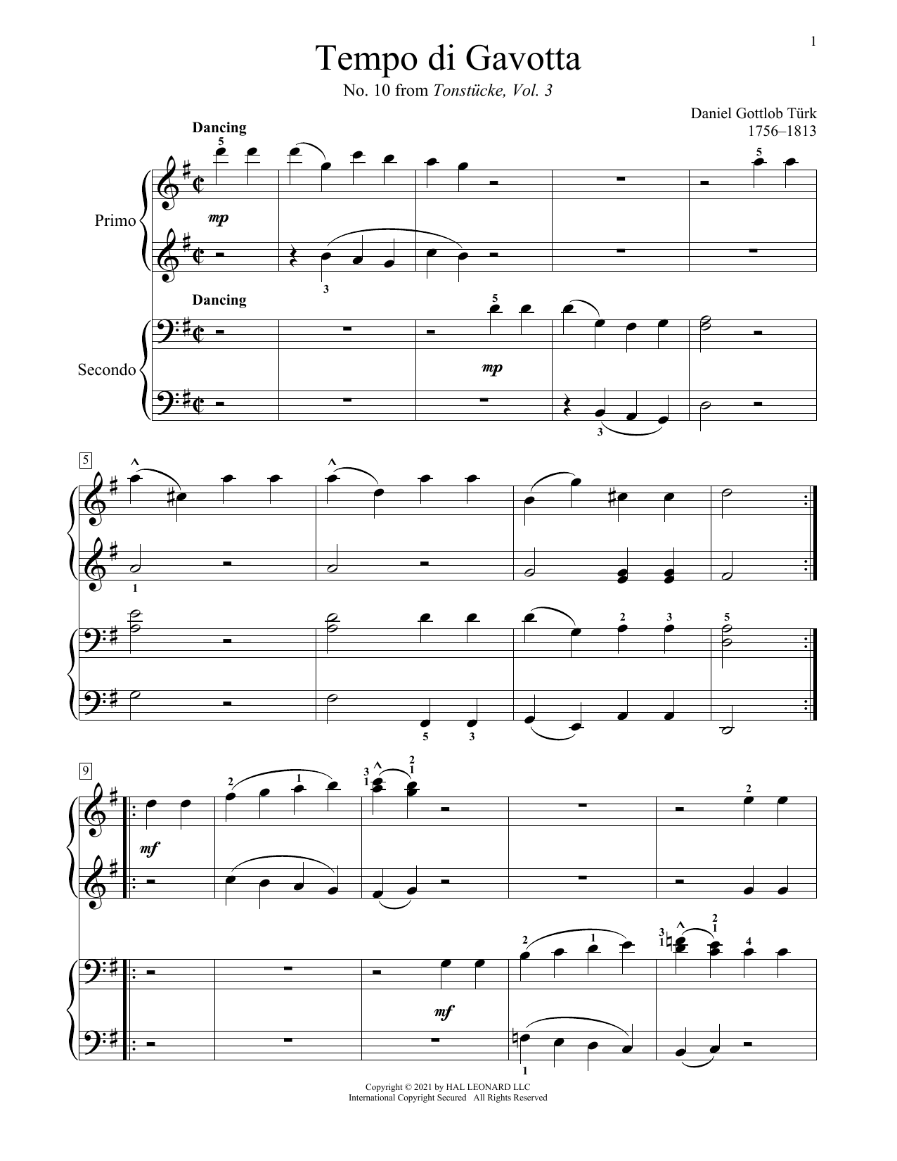 Daniel Gottlob Turk Tempo Di Gavotta (From Tonstucke, Vol. 3, No. 10) sheet music, chords, lyrics - Printable PDF for Piano Duet