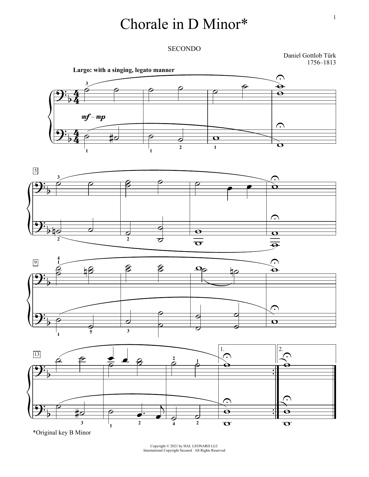 Daniel Turk Chorale In D Minor sheet music, chords, lyrics - Printable PDF for Piano Duet