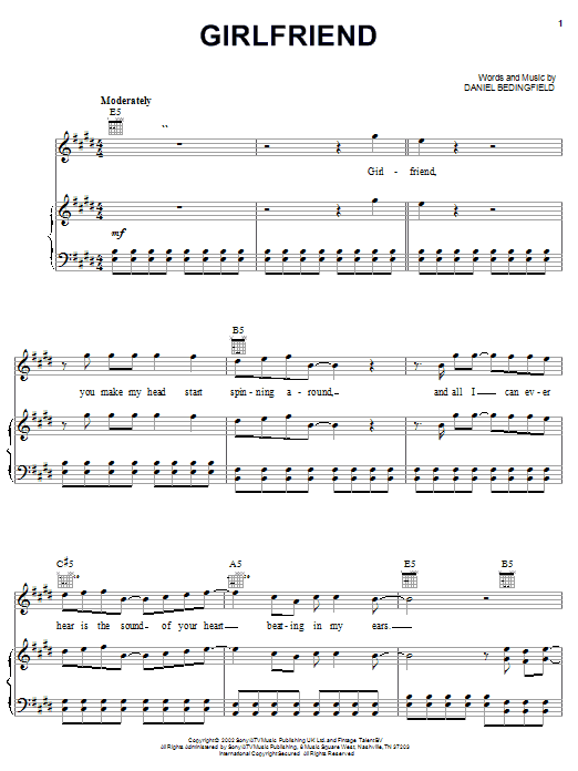 Learn to play Daniel Bedingfield Girlfriend sheet music for Piano, Vocal & Guitar (Right-Hand Melody) in minutes. Daniel Bedingfield Girlfriend sheet music notes and chords