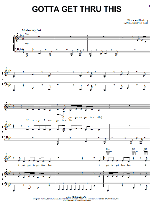 Daniel Bedingfield Gotta Get Thru This sheet music preview music notes and score for Piano, Vocal & Guitar including 6 page(s)